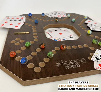 Jackaroo Board Game, 2-4 Player Marble Chase Board Game, Solid Wooden Game with 16 Glass Marbles and 52 Cards, Marble Strategy Game, Jokers and Marbles Game Foldable Board with Carry Bag (Walnut) - color: Walnut