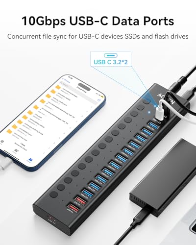 AGEEN 16-Port Powered USB 3.2 Hub-10Gbps SuperSpeed Data Splitter with 2 USB-C & 11 USB-A Ports, 3 x 24W QC 3.0 Fast Charging Ports, Individual On/Off Switches, 96W Power Adapter for Laptop, PC