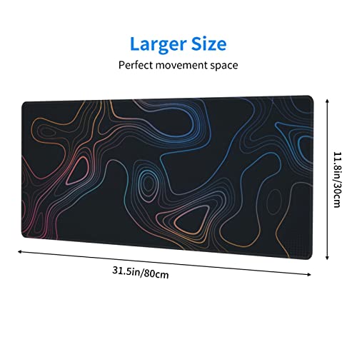 Topographic Contour Map XL Mouse Pad 31.5 x 11.8 Inch Gaming Mousepad Extended Large Mousepad with Nonslip Rubber Base Stitched Edges Laptop Desk Pad Home Office Supplies - color: Black Topographic 3
