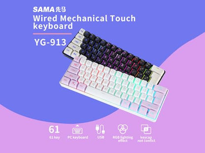 SAMA Gaming Keyboard 60 Percent, 61 Keys RGB Backlit Wired, Waterproof, Compact & Portable for PC/Mac Gamer, Travel & Business Trip - White Purple
