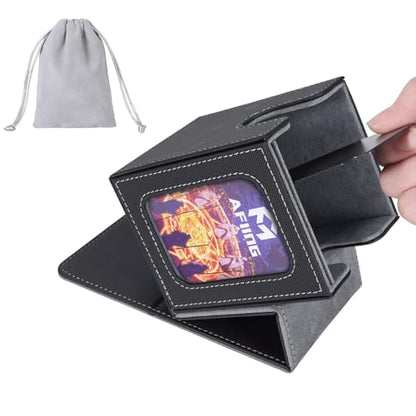AFIING MTG Deck Box for Commander Display,Card Deck Box Fits 100 Double Sleeved Cards, Magic Commander TCG Card Storage Box with 2 Dividers,Drawstring Bag and 1 Toploader(Black/grey) - color: Commander Black Grey