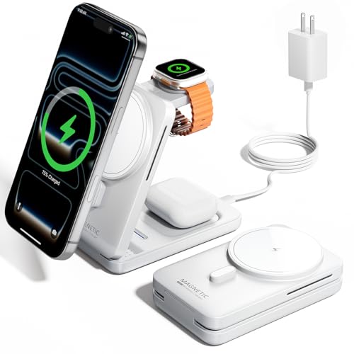 KPON 3-in-1 for Magsafe Charging Station, Foldable Travel Charger Stand for Apple, Wireless Magnetic Charging Dock for Multiple Devices iPhone 17 16 15 14 13 12 Series/Apple Watch/Airpods - color: White