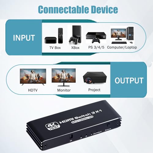 HDMI Switch 3 in 1 Out 4K 120Hz, HDMI Switcher 3x1 with IR Remote Control Support 4K@120Hz, 1080P@240Hz 3D, HDR, HDMI 2.1, HDCP 2.3, Compatible with PS5/ PS4/ PS3, Xbox, TV, DVD etc - color: Black