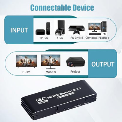 HDMI Switch 3 in 1 Out 4K 120Hz, HDMI Switcher 3x1 with IR Remote Control Support 4K@120Hz, 1080P@240Hz 3D, HDR, HDMI 2.1, HDCP 2.3, Compatible with PS5/ PS4/ PS3, Xbox, TV, DVD etc - color: Black