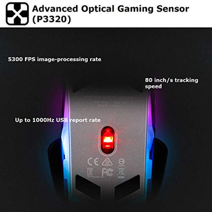 RAPOO V302 Optical Gaming Mouse Wired with 16.8 Million RGB Backlight, Ergonomic Design, 14 Adjustable DPI, 7 Programmable Buttons for Windows 7/8/10/XP Vista, Desktop, Laptop, PC- Black
