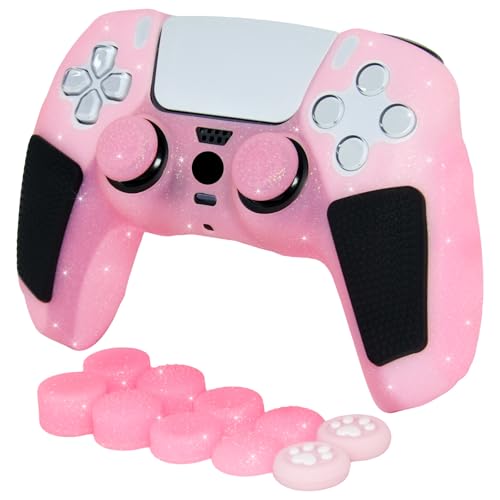 Pink Glitter Anti Slip Soft Thicked Studded Silicone Cover Skins Compatible with PS5 Controller,Include 8 PCS Pink Thumb Grips Glow and 2 Cat Paw Grips Accessories. - color: Pink Black