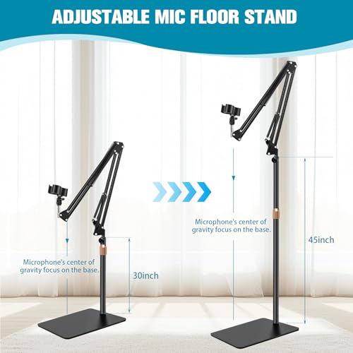 Mic Stand Floor Boom Arm for Studio, Podcast, Recording, Streaming | Included Tray & Microphone Holder, Space-saving 5.5 lbs Base, Adjutable Height 30"–70", Compatible with Yeti, SM58, QuadCast