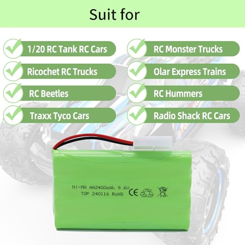 9.6V 2400mAh NiMH Battery - RC Car Rechargeable Battery AA with Tamiya KET-2P Plug and USB Charge Cable for RC Car Spare Part RC Tank Boat Batteries