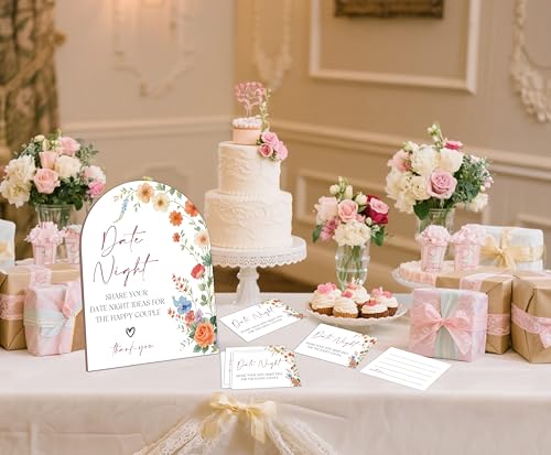 51 Pc Wildflower Date Night Ideas Game, Boho Flowers Bridal Shower Game, 6x8 Inch Arch Wooden Sign with Stand and 50 Date Night Cards, Wedding Shower Decor - YHZ03 - color: Wildflower03