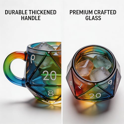 D20 Dice Glass Mug – Hand-Painted 3D Fantasy RPG Tankard, Collectible Clear Drinkware, Unique Gift for DND Players & Tabletop Gamers - color: D20 Dice Glass Mug