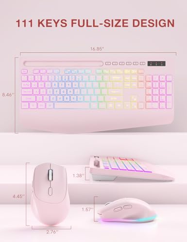 Wireless Keyboard and Mouse Combo, 9 Backlit Effects, RGB, 2.4GHz | Ergonomic Wrist Rest, Phone Holder, Rechargeable, Full Size, KM22 MAX Silent Set for Computer, Laptop, Mac, Windows (Pink) - color: Creamy Pink