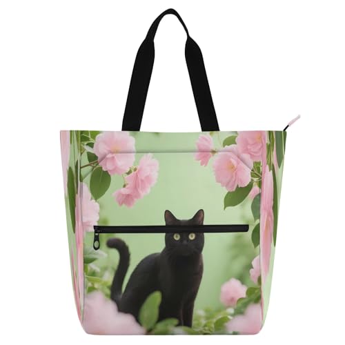 Waterproof Piano Bag for Lessons Vivid Bird Foliage Music Tote with Zipper Pockets for Sheet Music & Books - color: Cat Among Spring Flower