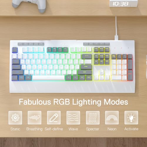 Redragon K525 RGB Backlit 104 Keys Wired Membrane Gaming Keyboard w/ 5 Multimedia Keys & 4 Extra On-Board Macro Keys, Dedicated Media Control, Ergonomic Wrist Rest, Linear Mechanical-Feel Switch - color: White, size: 104 Keys Lite
