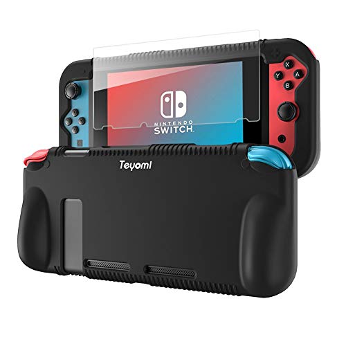 Teyomi Protective Silicone Case for Nintendo Switch, Grip Cover with Tempered Glass Screen Protector, 2 Storage Slots for Game Cards, Shock-Absorption & Anti-Scratch (Black) - color: Black