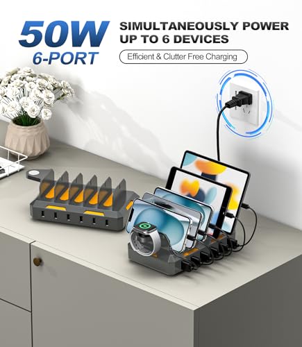 Charging Station for Multiple Devices, Honcila 50W Multiple Charger Station Charging Dock for iPhone iPad Cell Phone Tablet and More - 6 Port Multi Charging Station with 6 Mixed Cables (Space Gray)