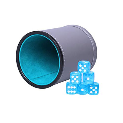 Dice Cup Set PU Leather and Felt-Lined, Quiet Shaking for Yahtzee Farkle Liars Dice Games, Includes Six 16mm Regular Dice - color: Lake Grey