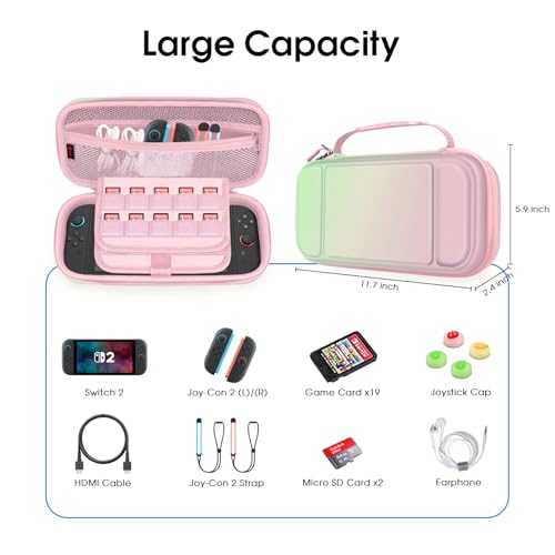 FINTIE Carrying Case for Nintendo Switch 2 (2025), Shockproof Hard Shell Switch 2 Case, Protective Cover Travel Bag with 19 Game Card & 2 Micro SD Card Slots & Inner Pocket, Pink Green - color: Pink Green