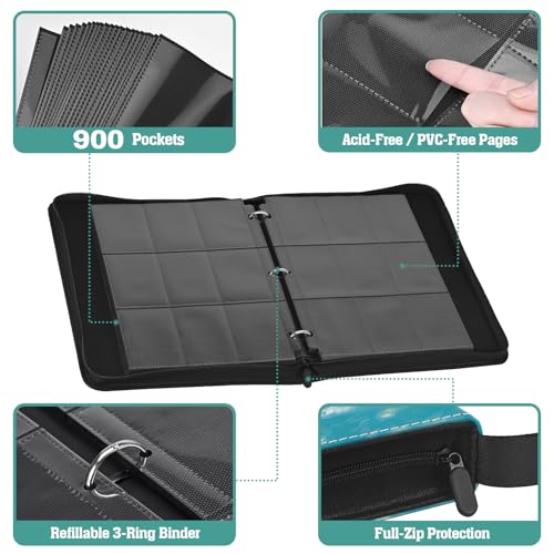 TCG Trading Card Binder, 900 Pockets, 3-Ring Zipper with 50 Double-Sided 9-Pocket Pages, Fits 2.5" x 3.5" Cards, Acid-Free PVC-Free PP Pages, PU Cover, White Cat & Butterfly Design - color: Cat & Butterfly