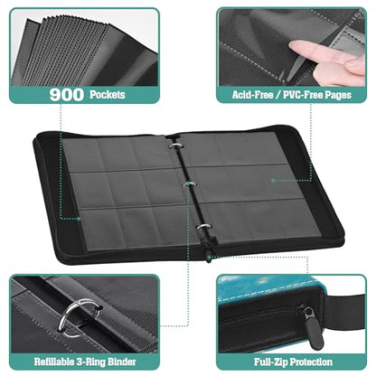 TCG Trading Card Binder, 900 Pockets, 3-Ring Zipper with 50 Double-Sided 9-Pocket Pages, Fits 2.5" x 3.5" Cards, Acid-Free PVC-Free PP Pages, PU Cover, White Cat & Butterfly Design - color: Cat & Butterfly
