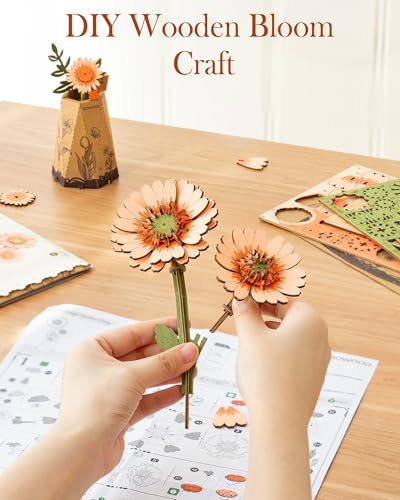 3D Flower Wooden Puzzles for Adults-Gerbera Daisy, DIY Wooden Flowers Model Kit Building Set Crafts for Adults to Build, Botanical Collection/Ideal Creative Gift Ideas/Housewarming (105PCS) - style: TW - Light Orange Daisy