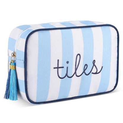 Sanwuta 1 Pcs Mahjong Tile Bag with Zipper,Blue,Striped | Embroidered Mahjong Case for 166 American Mahjong Tiles (1.2") Portable Bags for Board Game Party Gathering Travel - color: Blue, style: Classic