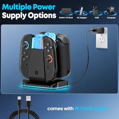Switch 1/2 Controller Charger for Nintendo Switch 1/ OLED Joycon, Charging Docking Station, Storage Stand with Charge Cable，2-in-1 Charger Dock for Joy con 2/1 Accessories - size: L-Black-Switch 2/1