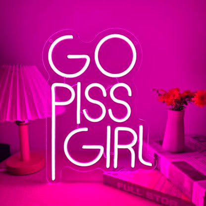 GO PISS GIRL Neon Sign Funny Dimmable LED Light Up Sign Pink Aesthetic Pop Culture Wall Decor for Dorm Room, College Apartment, Bathroom, Party, Birthday Gift, USB Powered(14.5 * 10.6in) - style: Pink Girl