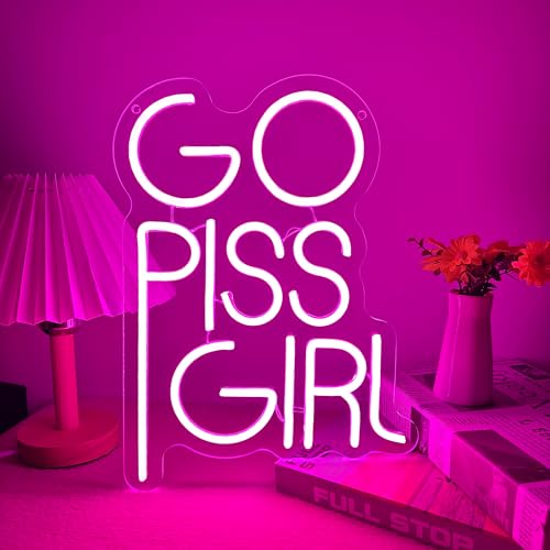GO PISS GIRL Neon Sign Funny Dimmable LED Light Up Sign Pink Aesthetic Pop Culture Wall Decor for Dorm Room, College Apartment, Bathroom, Party, Birthday Gift, USB Powered(14.5 * 10.6in) - style: Pink Girl