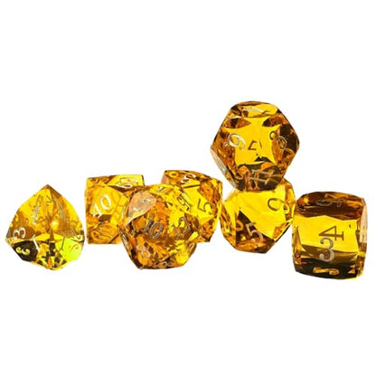 Crystal Multifaceted Polyhedral Dice Set 7 PCS for DND, RPG Tabletop Gaming, Collectors | Tinbox Packing, Gemstone Effect Dice (Amber) - color: Amber
