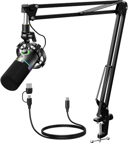 MAONO PD200XS XLR/USB Dynamic Microphone Kit, RGB Gaming Mic with Software | PC Mic with Mute, Gain Knob, Volume Control, Boom Arm for Streaming, Gaming, Podcasting, Voice-Over, Recording - color: Black, style: PD200XS Black