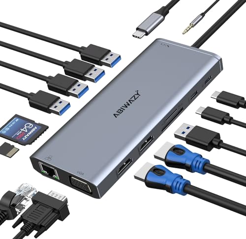 USB C Docking Station Dual Monitor Triple Display USBC Hub Multiple Adapter | USB C Dongle 14 in 1 Dock with 2 HDMI 4K+VGA+5 Port+100W PD Charger+Ethernet+SD/TF+Audio for Dell/HP/Lenovo/Surface Laptop - color: Grey