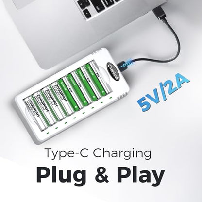 Granicell 8-Pack Rechargeable 4AA & 4AAA Batteries with Charger | High Capacity Ni-MH Double A & AAA Batteries with Smart 8 Bay Smart Battery Charger, USB Fast Charging - size: Charger&AA,AAA-4