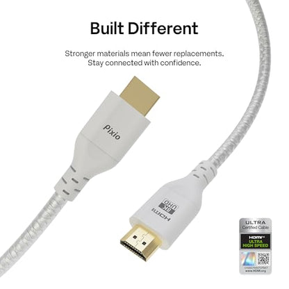 Pixio White 8K HDMI 2.1 Cable Ultra Certified Ultra High Speed 10FT 8K 60Hz 4K 120Hz Nylon Braided Gold Plated Connector Anti-Breakage HDR10+ DTS eARC HDCP Dolby Compatible - color: White, size: 10 ft