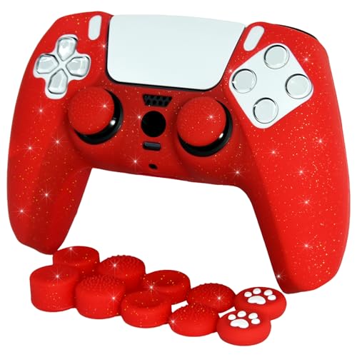 Red Glitter Anti-Slip Protective Silicone Cover Skin Grips Compatible with PS5/Slim/Pro Controller,8 PCS Thumb Grips Caps and 2 Grips Caps. (Glitter Red) - color: Red