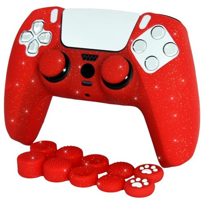 Red Glitter Anti-Slip Protective Silicone Cover Skin Grips Compatible with PS5/Slim/Pro Controller,8 PCS Thumb Grips Caps and 2 Grips Caps. (Glitter Red) - color: Red