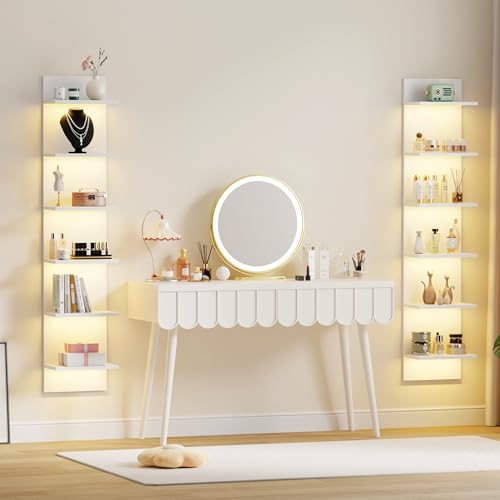 Qupui 6-Tier Wall Shelf with LED Remote, 57" Floating Storage, White | RGB 22 Modes 6 Brightness. Remote Control. Waterproof Particleboard. 6 Tiers, 57" Tall. For Bedroom, Living Room, Game Room - color: Narrow White