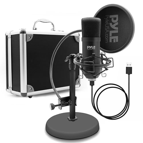 USB Microphone Podcast Recording Kit - Audio Cardioid Condenser Mic w/Desktop Stand and Pop Filter - for Gaming PS4, Streaming, Podcasting, Studio, YouTube, Works w/Windows Mac PC - Pyle PDMIKT120 - color: Black