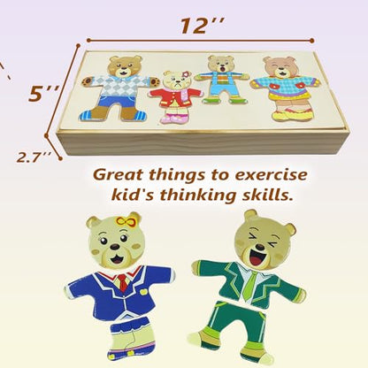 Wooden Bear Family Dress-up Puzzle Box for Toddlers(72pcs),Change Clothes Puzzle Games, Preschool Learning Activities Toys for Kids Ages 3+ - color: Bear