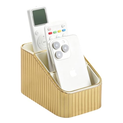 Remote Control Holder, PU Leather Nightstand Organizer Bedside Caddy with 3 Compartments, Small Desk Organizer for Remote/Pen/Glasses/Phone (Gold) - color: Gold
