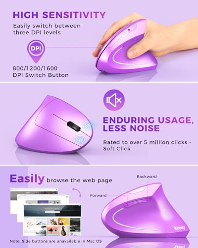 Lekvey Ergonomic Mouse, Wireless Vertical Mouse Rechargeable 2.4 GHz Optical Carpal Tunnel Mice : 800/1200 / 1600 DPI, 6 Buttons, for Laptop, PC, Mac, Computer, Desktop, Notebook etc, Purple - color: Purple