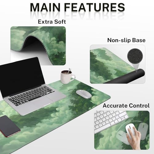 Britimes Green Cloud Keyboard Mouse Pad Set Forest Mountain Aesthetic 4in1 Large Mousepad+Keyboard Wrist Rest+Mouse Wrist Rest+Coaster Ergonomic Design for Home Office Computer 35.4x15.7 inches - color: Cat at the Window