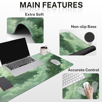 Britimes Green Cloud Keyboard Mouse Pad Set Forest Mountain Aesthetic 4in1 Large Mousepad+Keyboard Wrist Rest+Mouse Wrist Rest+Coaster Ergonomic Design for Home Office Computer 35.4x15.7 inches - color: Cat at the Window