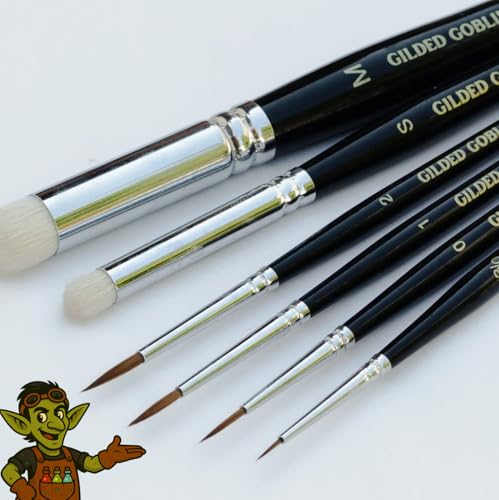 Kolinsky Sable Miniature Paint Brush Set – 6 Detail & Dry Brushes for Miniature Painting, Warhammer, D&D, Model Painting, Acrylics – Professional Fine Tip Brushes by Gilded Goblin Tools & Crafts