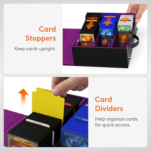 Lifewit Trading Card Storage Box with Handle, Holds Up to 1800 Sleeved Cards with 12 Adujstable Dividers & 4 Stoppers, Aluminum Closure PU Leather Case for MTG, PTCG, YGO, Sports Cards, Black& Purple - color: Black&Purple