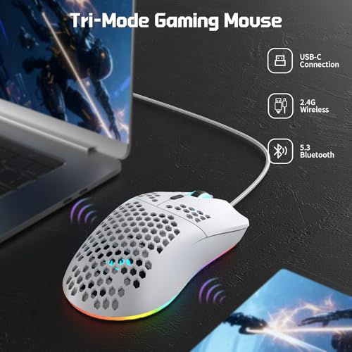 FREEWOLF X HXSJ T66 Wireless Gaming Mouse Tri-Mode Superlight Honeycomb Design PAW3212 3600DPI Sensor 1000Hz Polling Rate Bluetooth/2.4Ghz/Wired Ergonomic PC Mice RGB Light Programmable Buttons-White - color: white