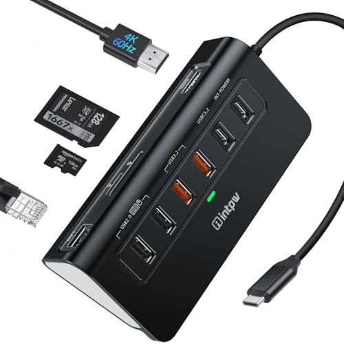 intpw P9R PRO USB C Hub Ethernet, 10Gbps USB C Docking Station 10-in-1 with 4K@60Hz HDMI, Type-C & 2 USB A 3.2 Data, LAN, 2 USB A 2.0, PD 100W, SD/TF Ports, Powered USB Hub for Laptop, iPhone 17, Mac - color: Black White, size: 1.64ft