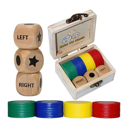 Left Right Roll Dice Game Set, 3 Wood Dice & 36 Plastic Chips | Travel Wooden Box, Fun Family Party Dice Games, For Adults, Teens & Friends, White - color: White