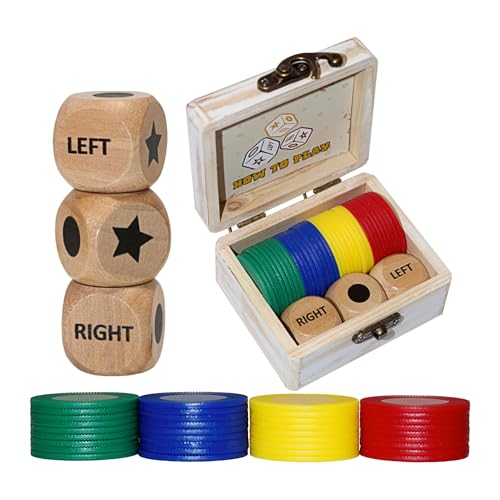 Left Right Roll Dice Game Set, 3 Wood Dice & 36 Plastic Chips | Travel Wooden Box, Fun Family Party Dice Games, For Adults, Teens & Friends, White - color: White