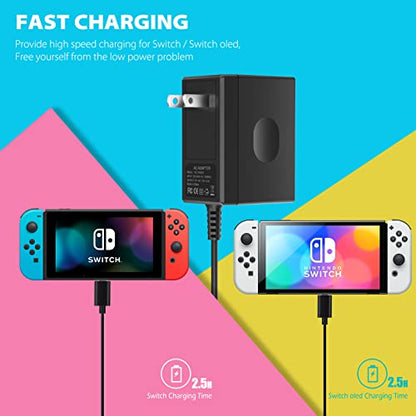 45W Charger for Nintendo Switch, YCCTEAM Charger AC Adapter Power Supply 15V 3A Fast Charging Kit Compatible with Switch OLED/Dock and Pro Controller (Support TV Mode),Black