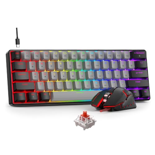 BlueFinger 60% Mechanical Gaming Keyboard and Mouse Combo - RGB Rainbow Backlit 61 Keys Red Switch Keyboard & 4 DPI LED Gaming Mouse, USB Wired Set for PC Laptop Xbox PS4 PS5, White (Black & Gray) - color: Black & Gray